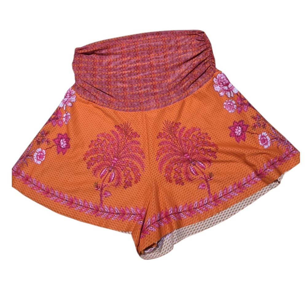 Pin-Up Stars Orange Pink Palm Tree Floral High Waisted‎ Flared Shorts S